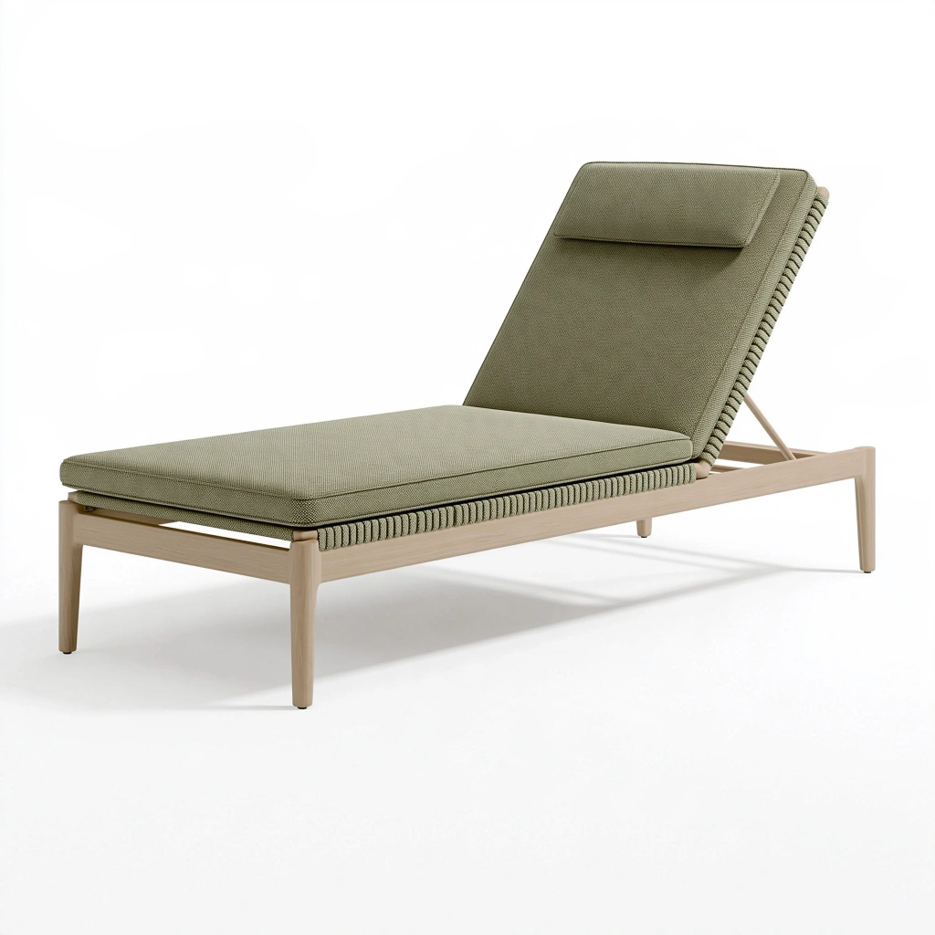 Sonnenliege 200 x 70 cm mit Holzgestell und olivgrüner Polsterung - verstellbare Gartenliege