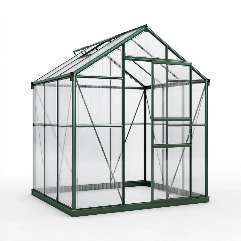 Gewächshaus 190 x 190 x 195 cm Aluminium Polycarbonat Grün mit Schiebetür und Dachfenster