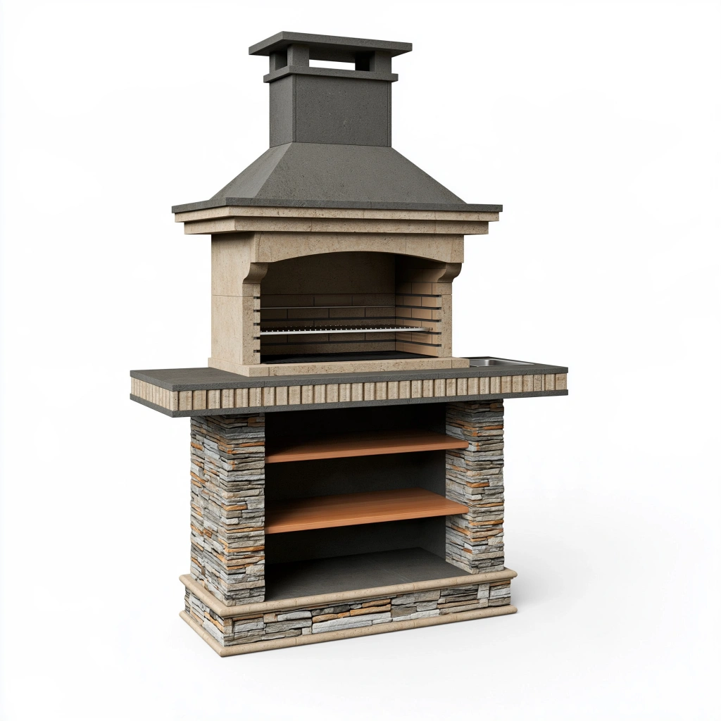 Grillkamin 160 x 70 x 230 cm aus Stein und Stahl grau-beige für den Garten mit Ablageflächen