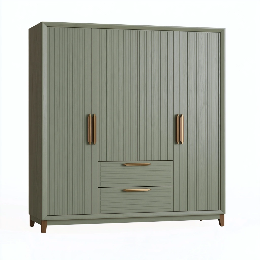 Kleiderschrank 140 x 52 x 200 cm aus Holzwerkstoff graugrün für Kleidung mit Rillenfront 4 Türen und 2 Schubladen